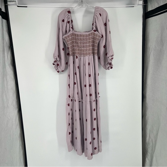Free People Dahlia Purple Floral Embroidered Puff Sleeve Smocked Midi Dress M - Picture 4 of 9